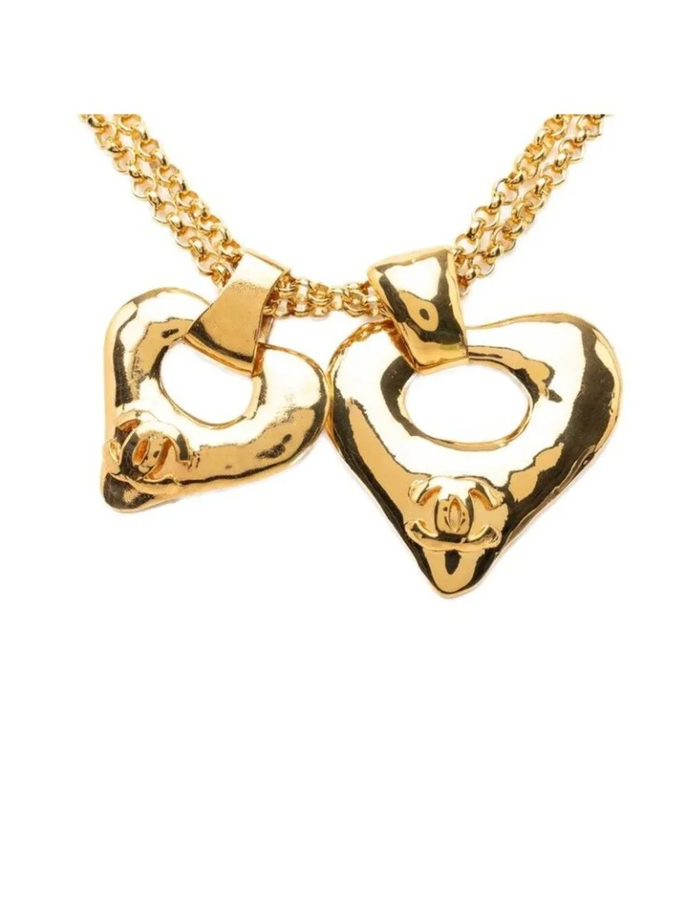 Chanel CC Logo Double Heart Vintage Strand Chain Pendant Gold Plated
